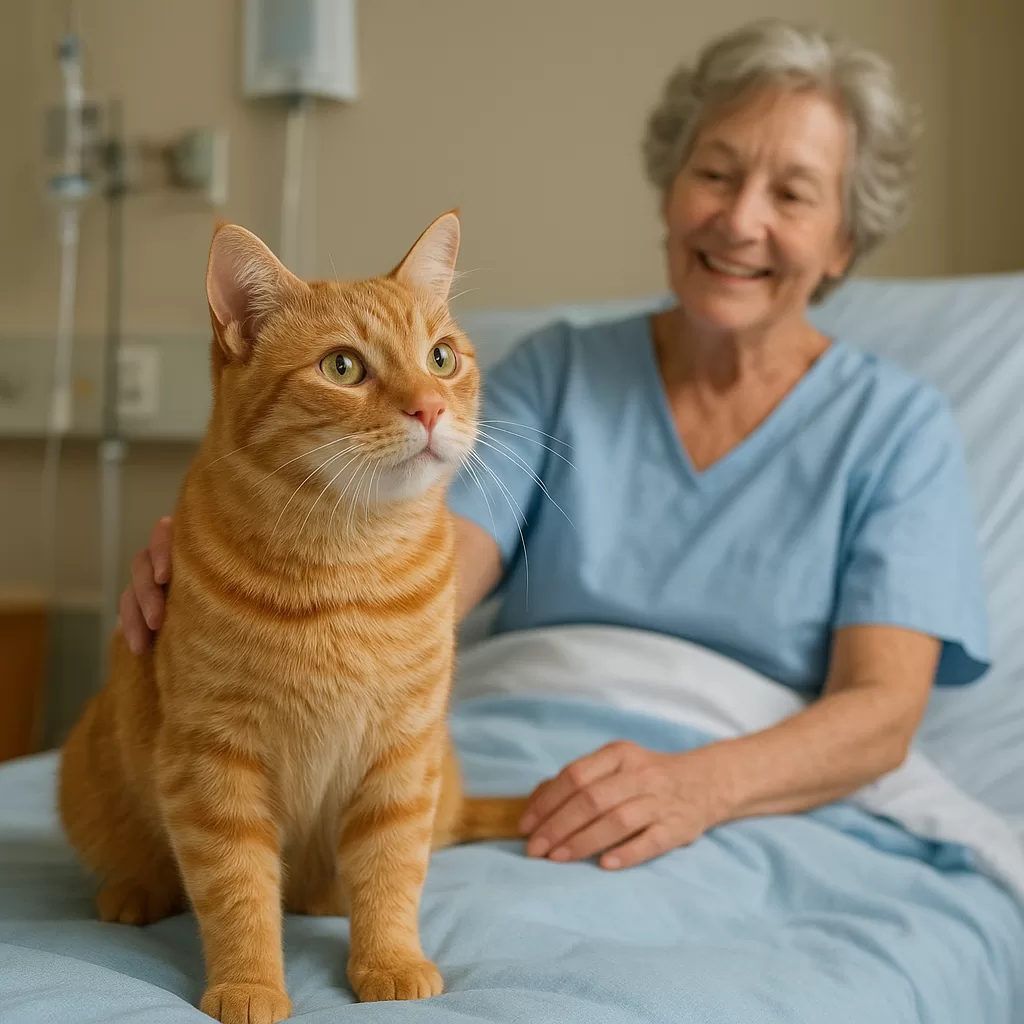 Elderly woman in hospital bed smiling as a friendly orange tabby cat sits nearby, comforting her.
