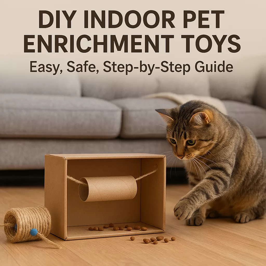Cat playing with a homemade cardboard toy, demonstrating a DIY indoor pet enrichment activity.