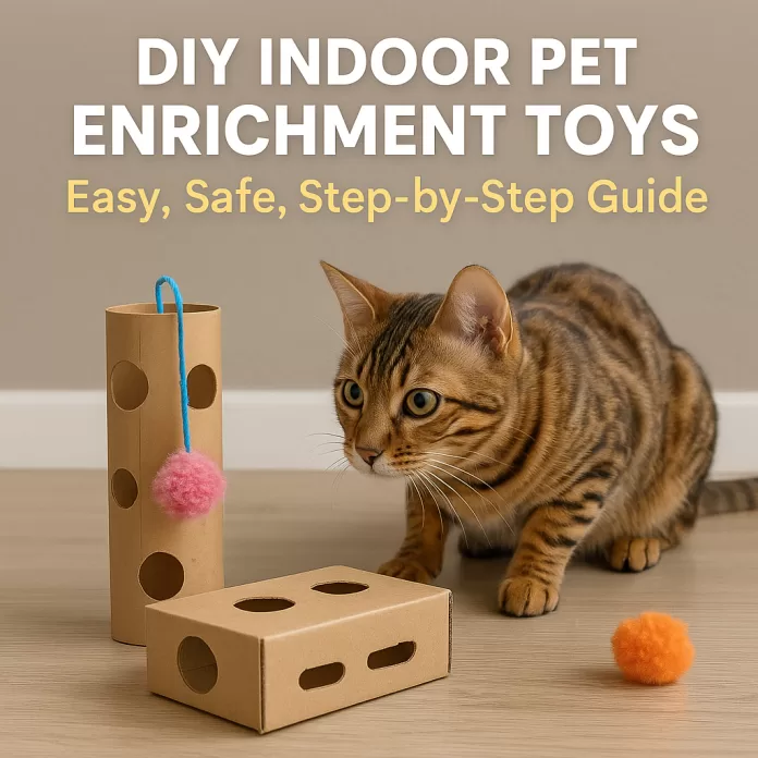 Cat playing with DIY indoor pet enrichment toys made from cardboard boxes and paper rolls.