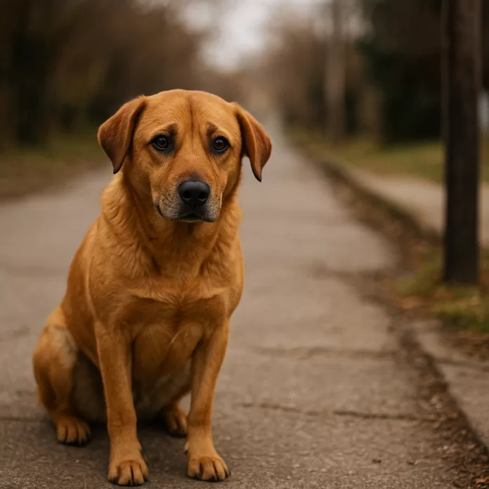 Dog Waited Daily at Same Spot Brown dog sitting patiently on a paved path in a park, waiting daily at the same spot.