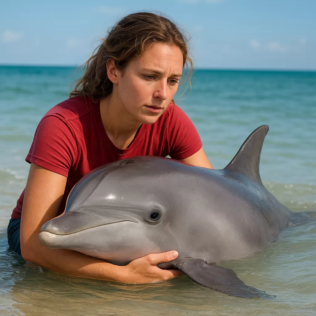 Woman in red shirt gently holding a dolphin on the beach, showcasing dolphin rescue behavior and empathy.
