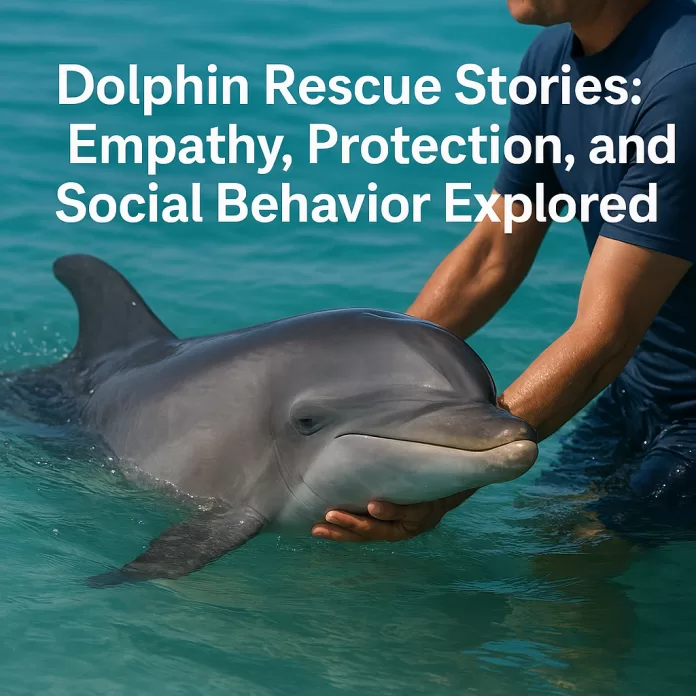 Person gently holding a dolphin in clear blue water, illustrating dolphin rescue behavior and social empathy.