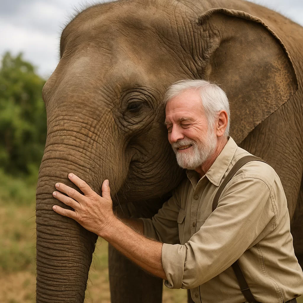 Elderly man warmly hugging an elephant in nature, symbolizing a heartwarming elephant rescue reunion.