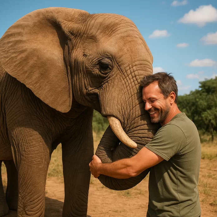 Man and elephant warmly hugging outdoors, symbolizing a heartfelt rescue reunion.