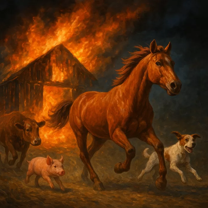 Heroic Horse Leads Animals from Barn Fire Horse, dog, pig, and cow running away from a burning barn at night in a true heroic rescue story.