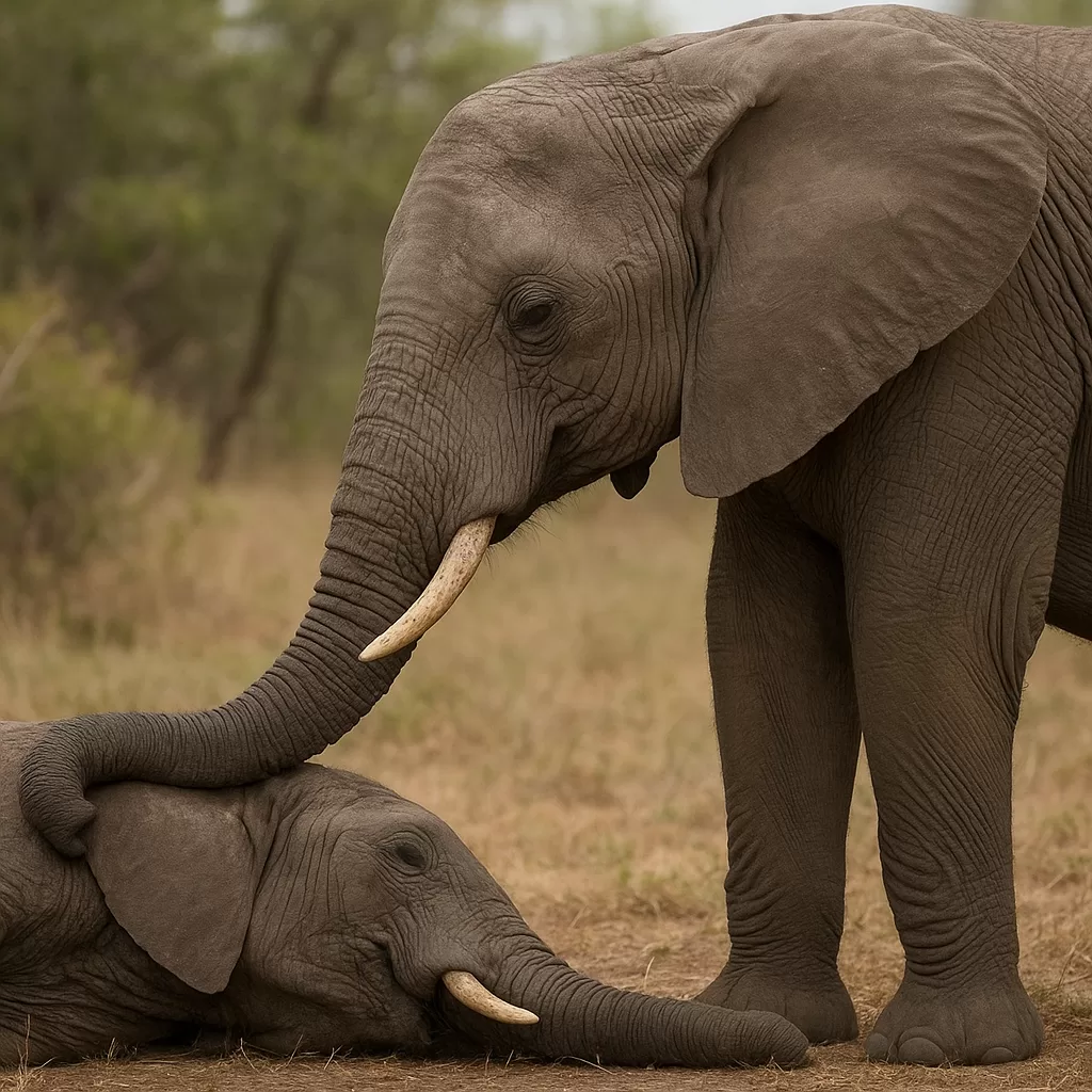 Mother elephant gently touching her baby, symbolizing deep emotional bonds and mourning rituals in the wild.