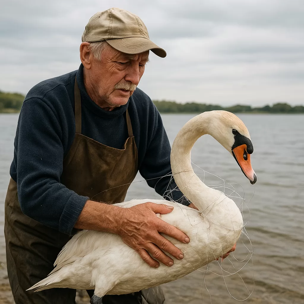 Elderly man gently holding an injured swan tangled in fishing line by the lakeside during a rescue.