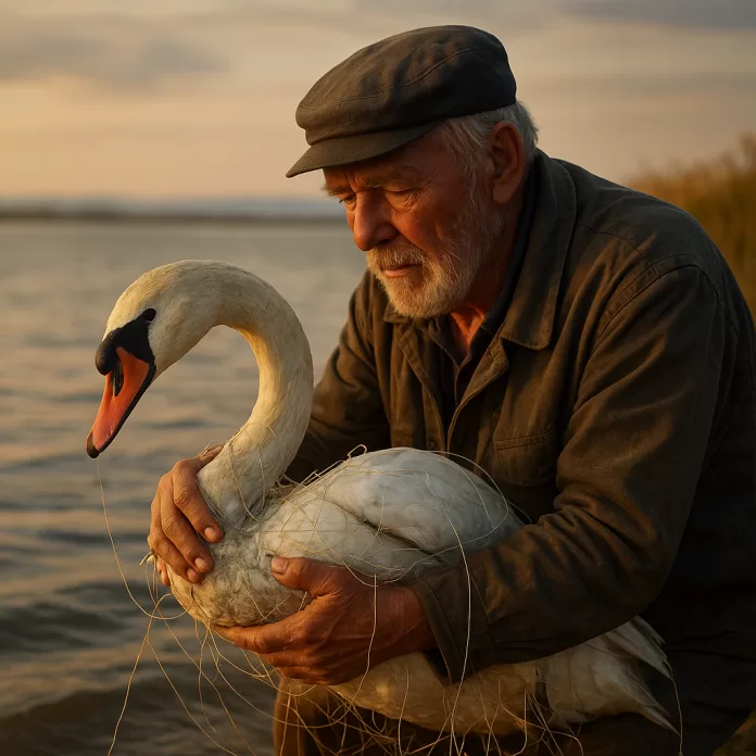 Retired Fisherman Rescues Swan Tangled in Line Elderly man gently rescuing an injured swan tangled in fishing line by the lake at sunset.