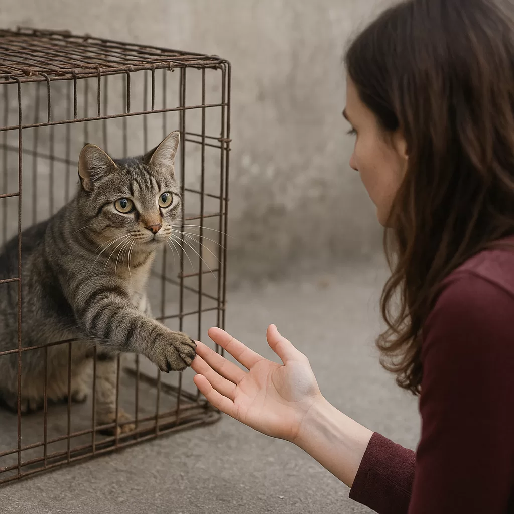 Shelter tabby cat reaches paw through cage bars to touch a woman’s hand, seeking connection and kindness.