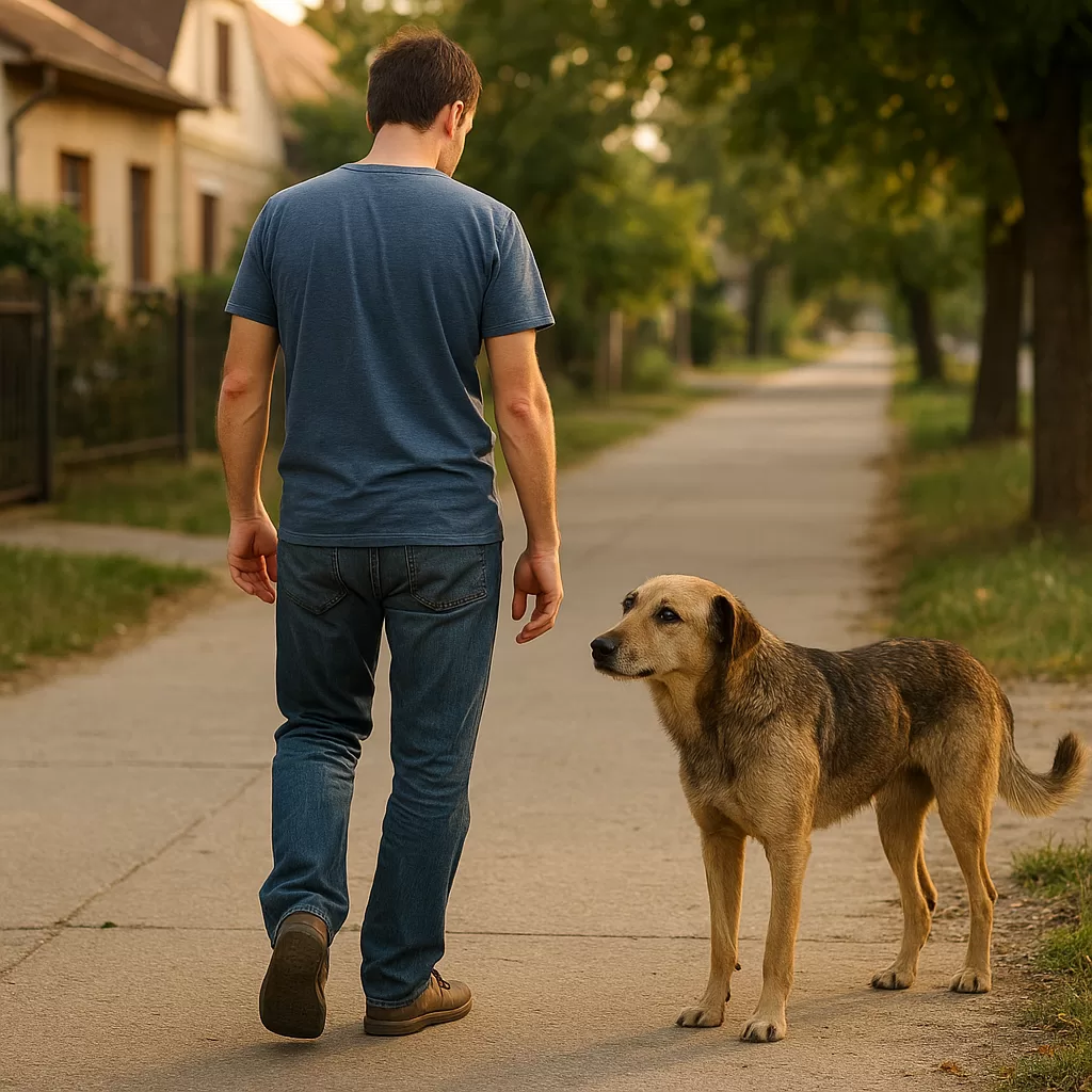 Man walking on a suburban sidewalk with a stray dog following closely on a sunny day.