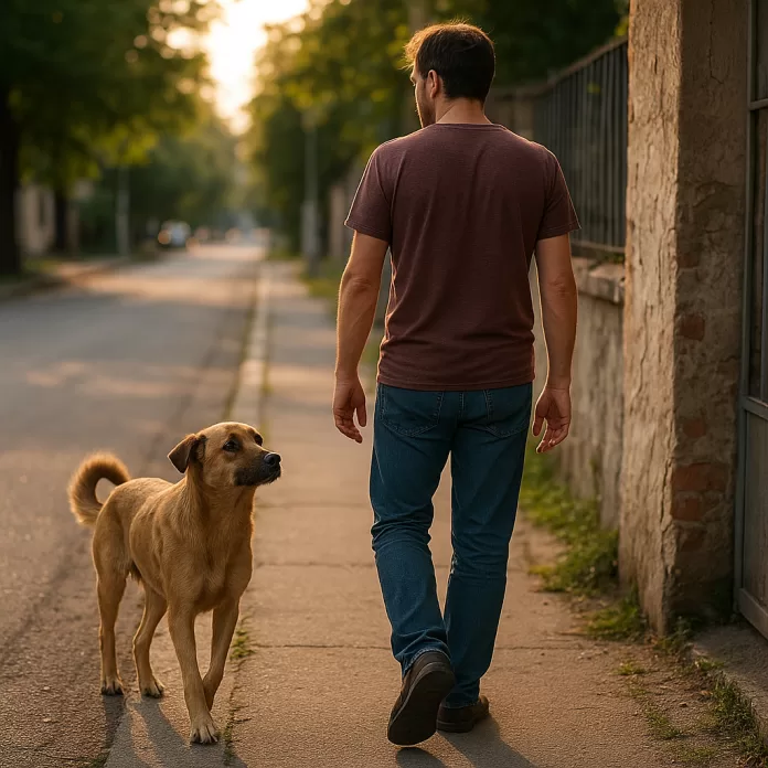 Man walking on suburban sidewalk at sunset, followed closely by a stray dog alongside his pet dog.