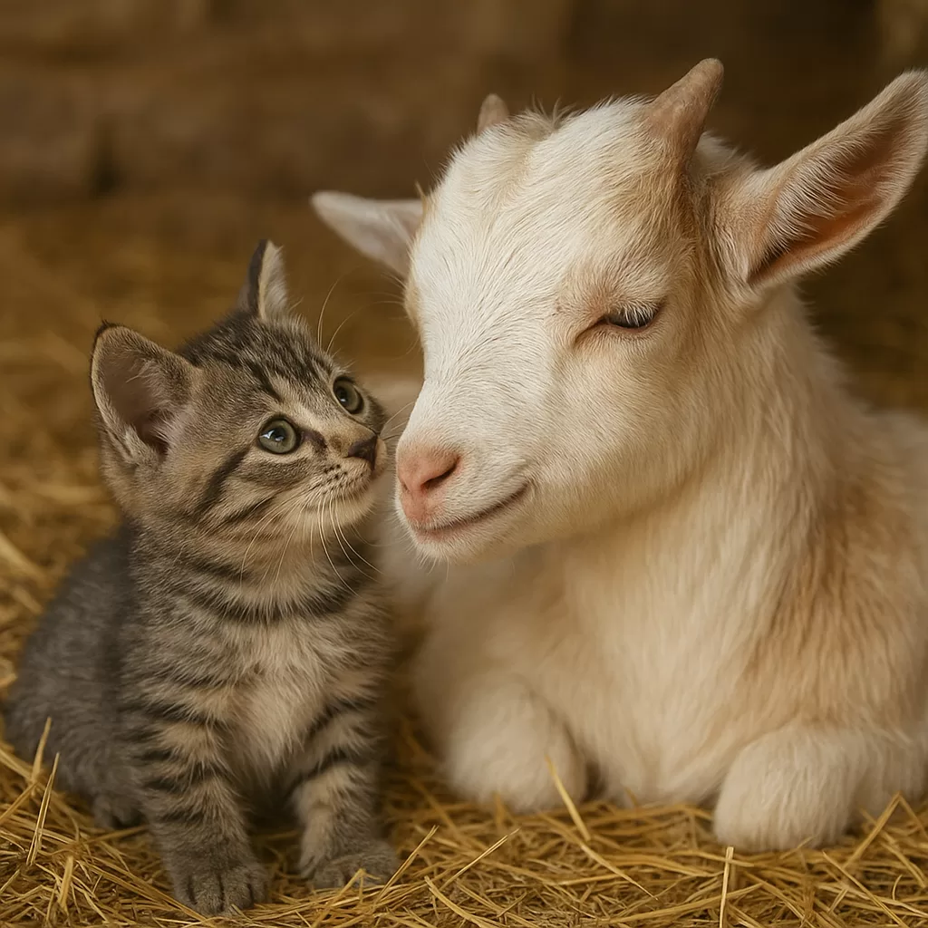 Tiny kitten and baby goat cuddle closely on hay, showing their unlikely healing bond in a cozy barn.