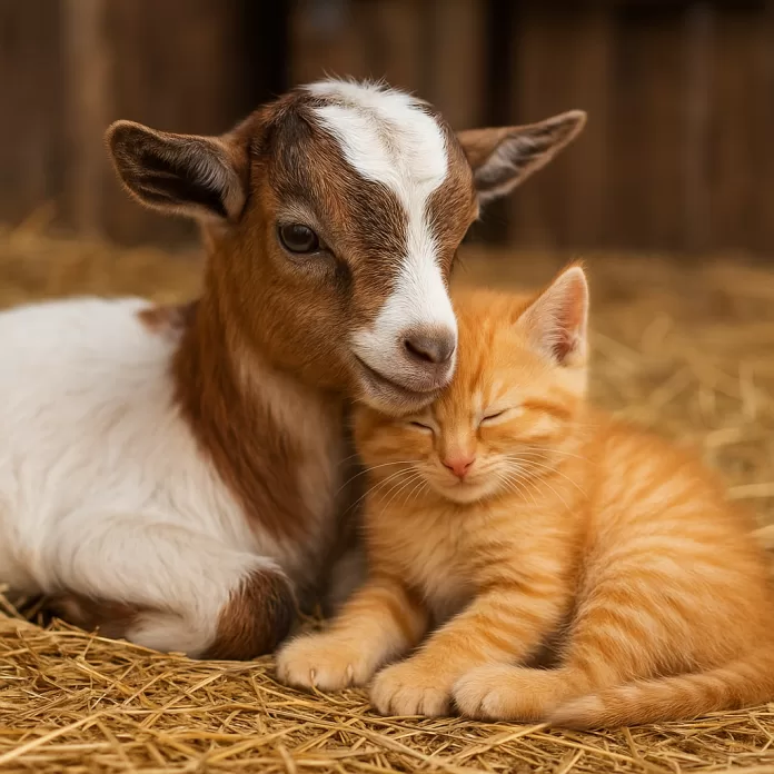 Unlikely Friendship: Kitten and Rescue Goat Cuddle An orange kitten and a baby goat cuddling together on hay, showcasing their unlikely animal bond.