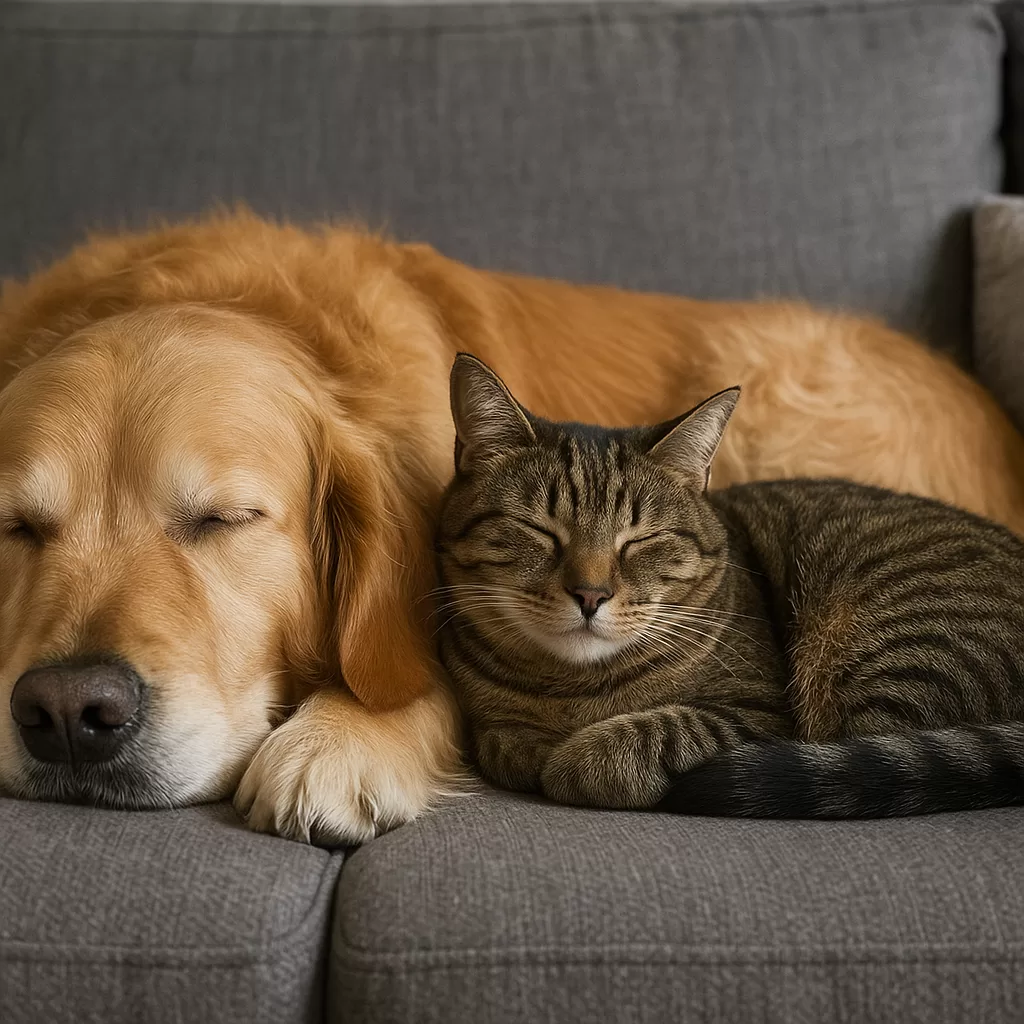 Golden retriever and tabby cat peacefully sleeping together on a cozy gray couch.