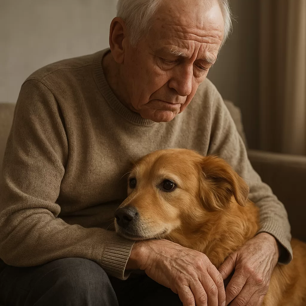 Elderly man sitting indoors, gently comforting his golden retriever dog resting by his side.