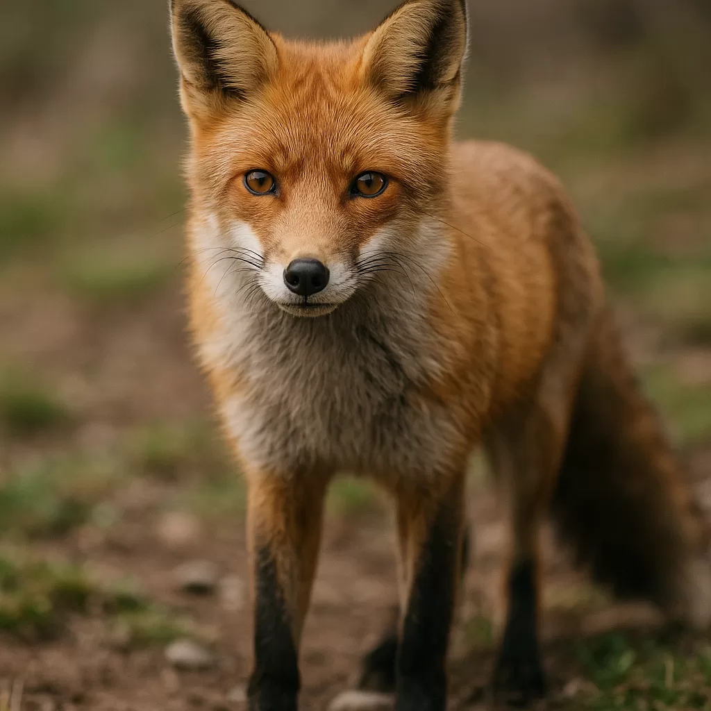 Close-up of a red fox standing alert on a forest floor covered with leaves and grass.