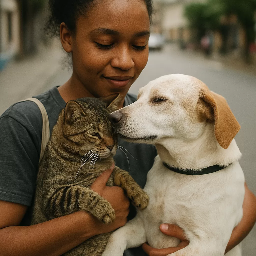 Woman outdoors holding a cat and a dog, showcasing a friendly bond between the pets.