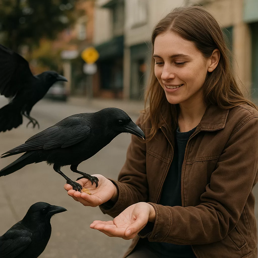 Young woman feeding black crows outdoors in an urban area, surrounded by trees and city buildings.