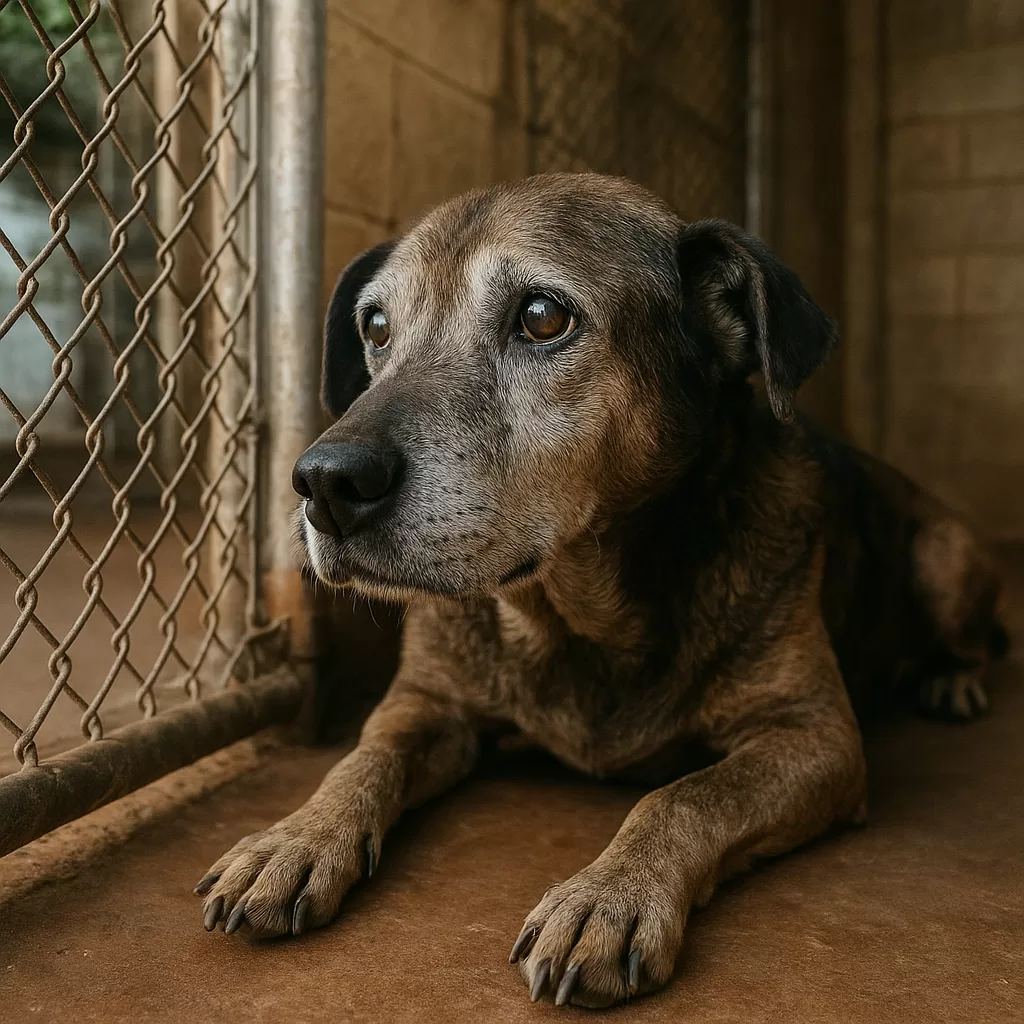 Sad dog lying on the floor inside an animal shelter cage, patiently waiting.